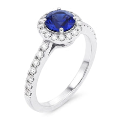 Anello rotondo in zaffiro da 2,50 carati con diamanti scintillanti e oro bianco 14K