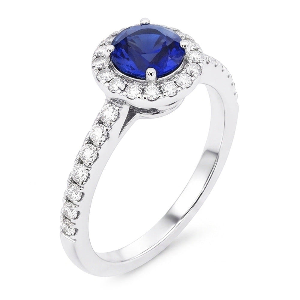 Anello rotondo in zaffiro da 2,50 carati con diamanti scintillanti e oro bianco 14K