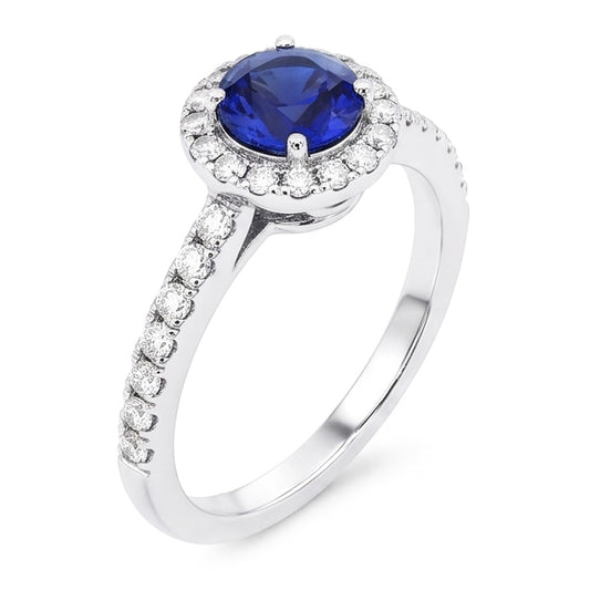 Anello rotondo in zaffiro da 2,50 carati con diamanti scintillanti e oro bianco 14K