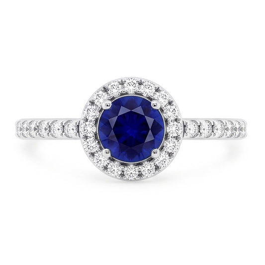 Anello rotondo in zaffiro da 2,50 carati con diamanti scintillanti e oro bianco 14K