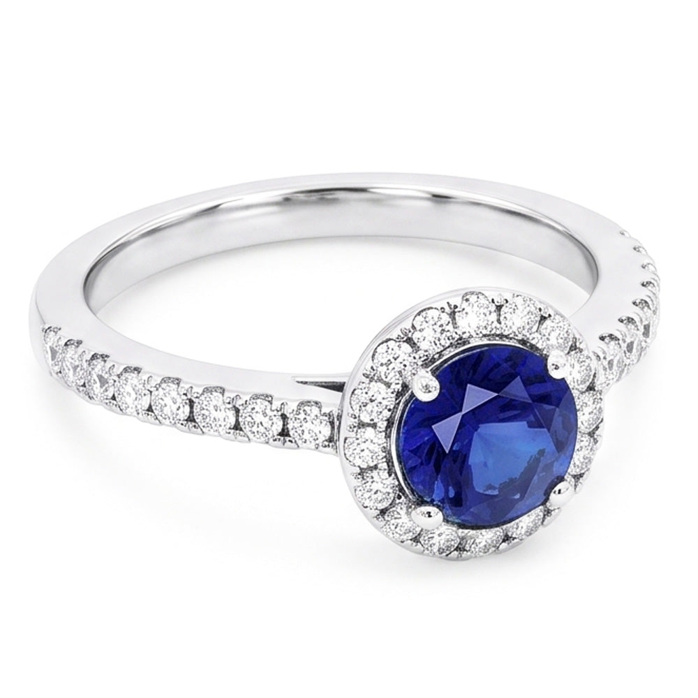 Anello rotondo in zaffiro da 2,50 carati con diamanti scintillanti e oro bianco 14K