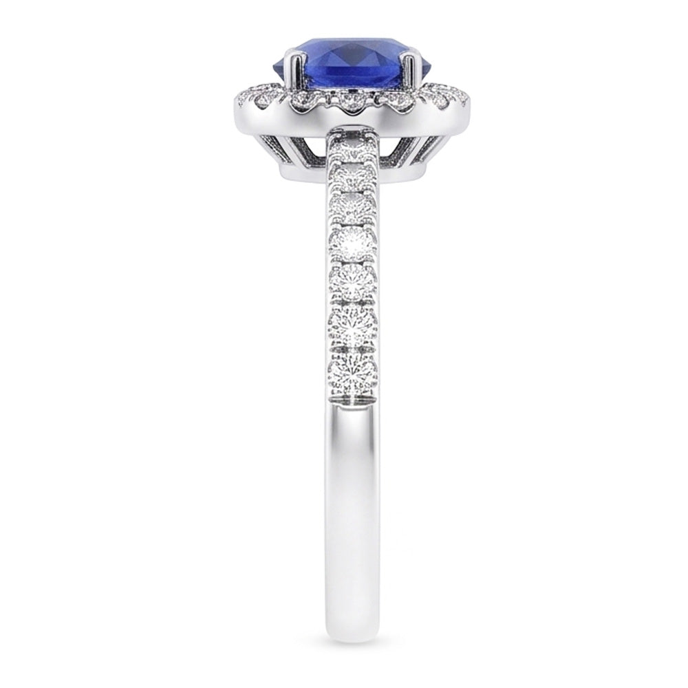 Anello rotondo in zaffiro da 2,50 carati con diamanti scintillanti e oro bianco 14K