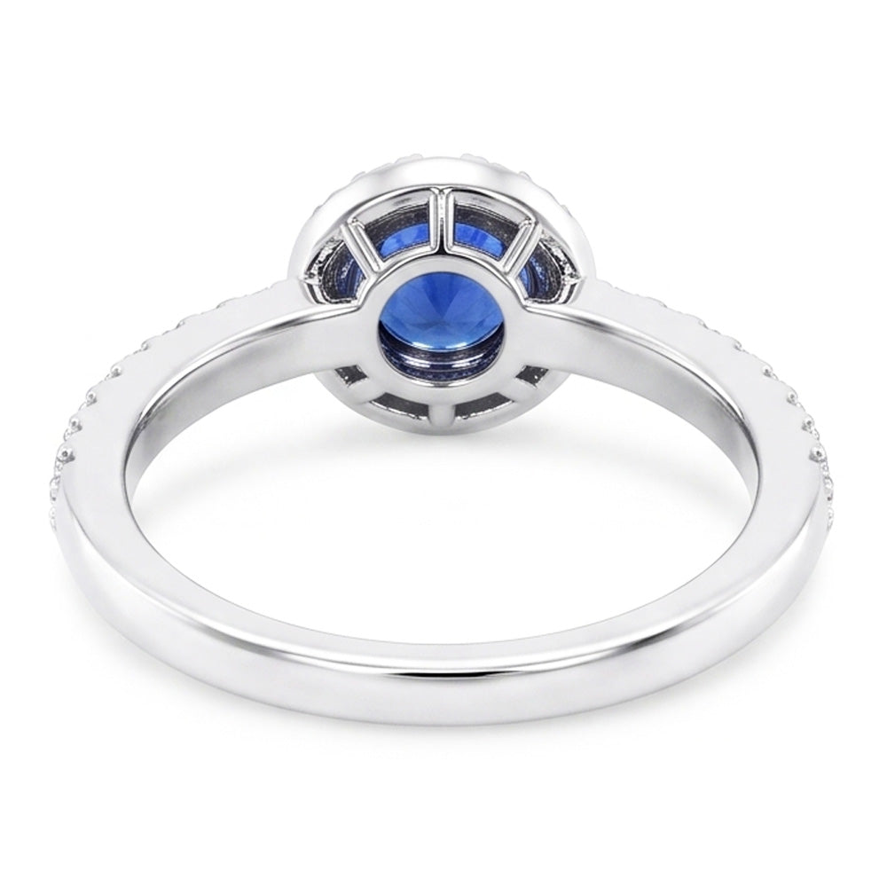 Anello rotondo in zaffiro da 2,50 carati con diamanti scintillanti e oro bianco 14K