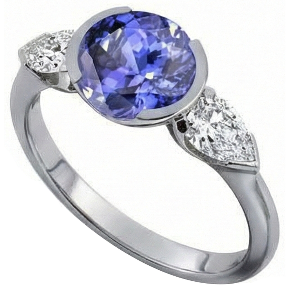 Anello scintillante con 3 pietre ovale con tanzanite e diamante a pera da 3 carati