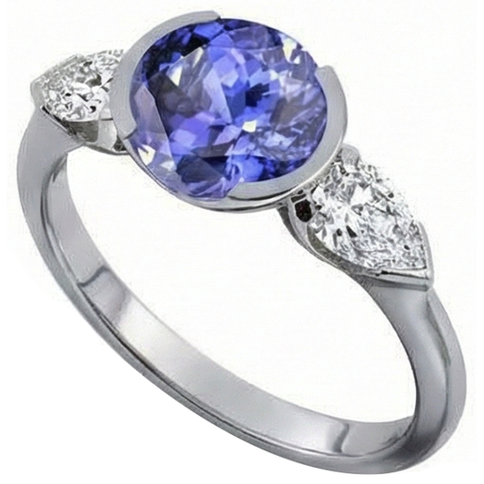 Anello scintillante con 3 pietre ovale con tanzanite e diamante a pera da 3 carati