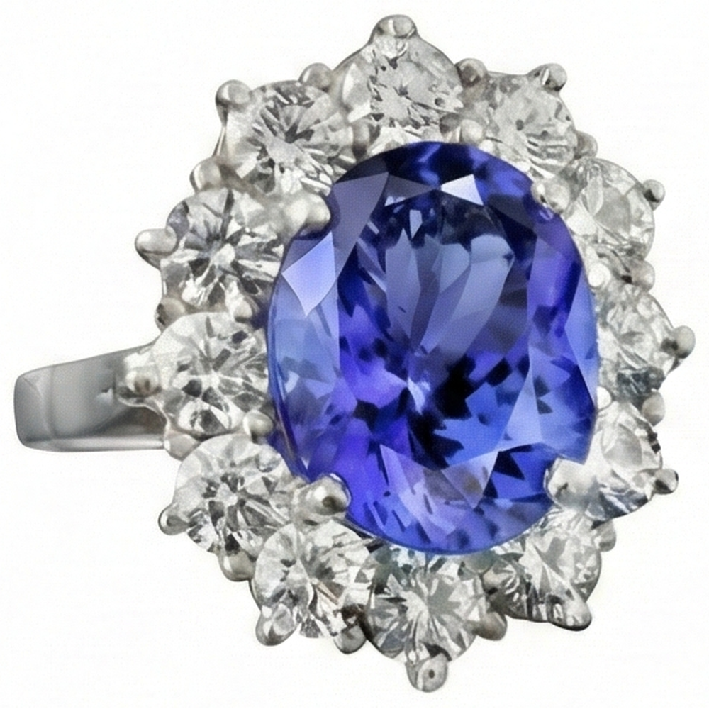 Anello scintillante con tanzanite AAA ovale da 6 carati e diamanti rotondi