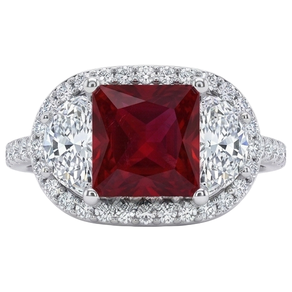 Anello scintillante con tre pietre stile principessa rosso rubino 3 carati WG 14K