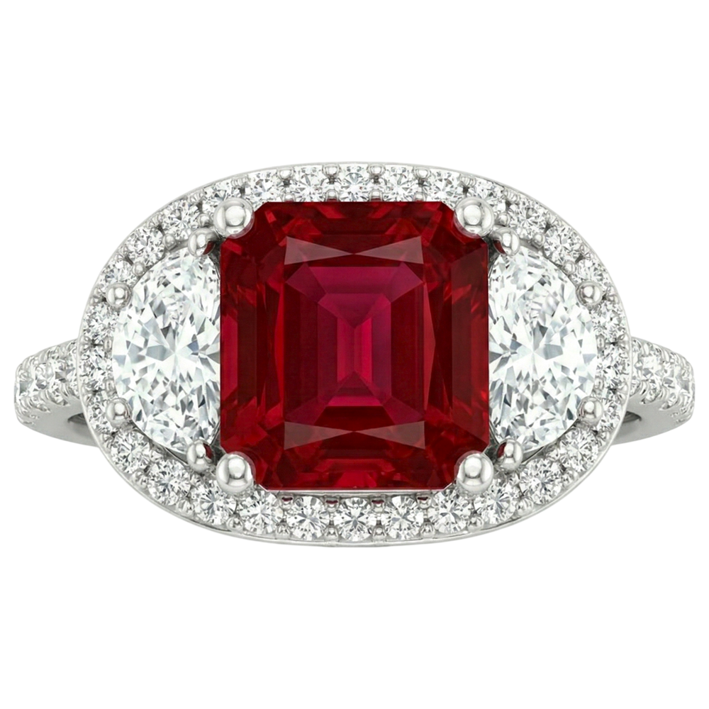 Anello scintillante con tre pietre stile principessa rosso rubino 3 carati WG 14K