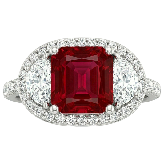 Anello scintillante con tre pietre stile principessa rosso rubino 3 carati WG 14K