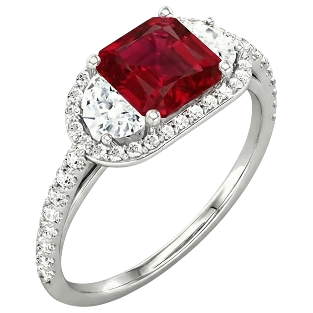 Anello scintillante con tre pietre stile principessa rosso rubino 3 carati WG 14K