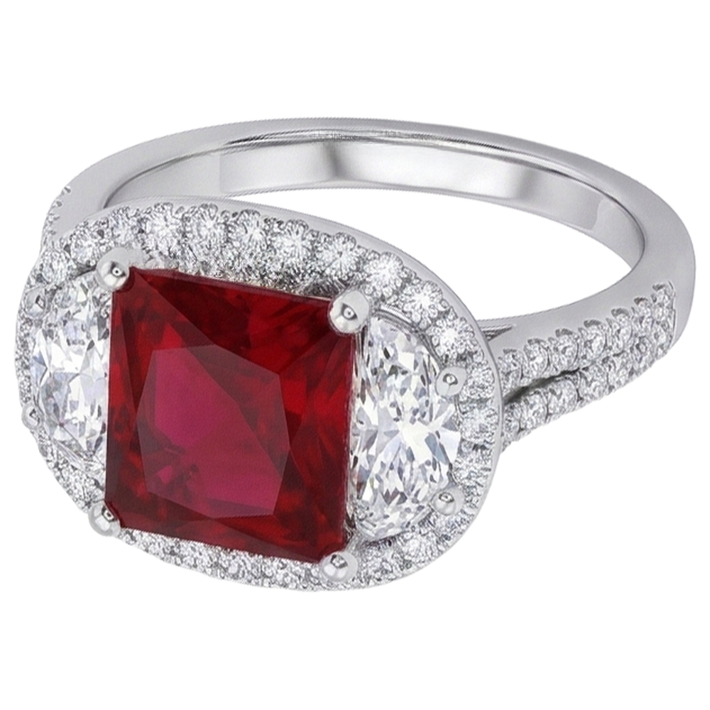 Anello scintillante con tre pietre stile principessa rosso rubino 3 carati WG 14K