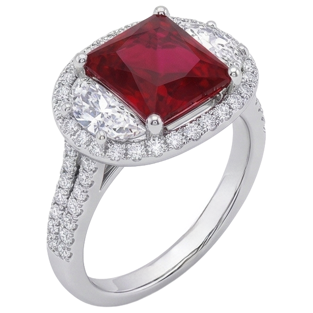 Anello scintillante con tre pietre stile principessa rosso rubino 3 carati WG 14K