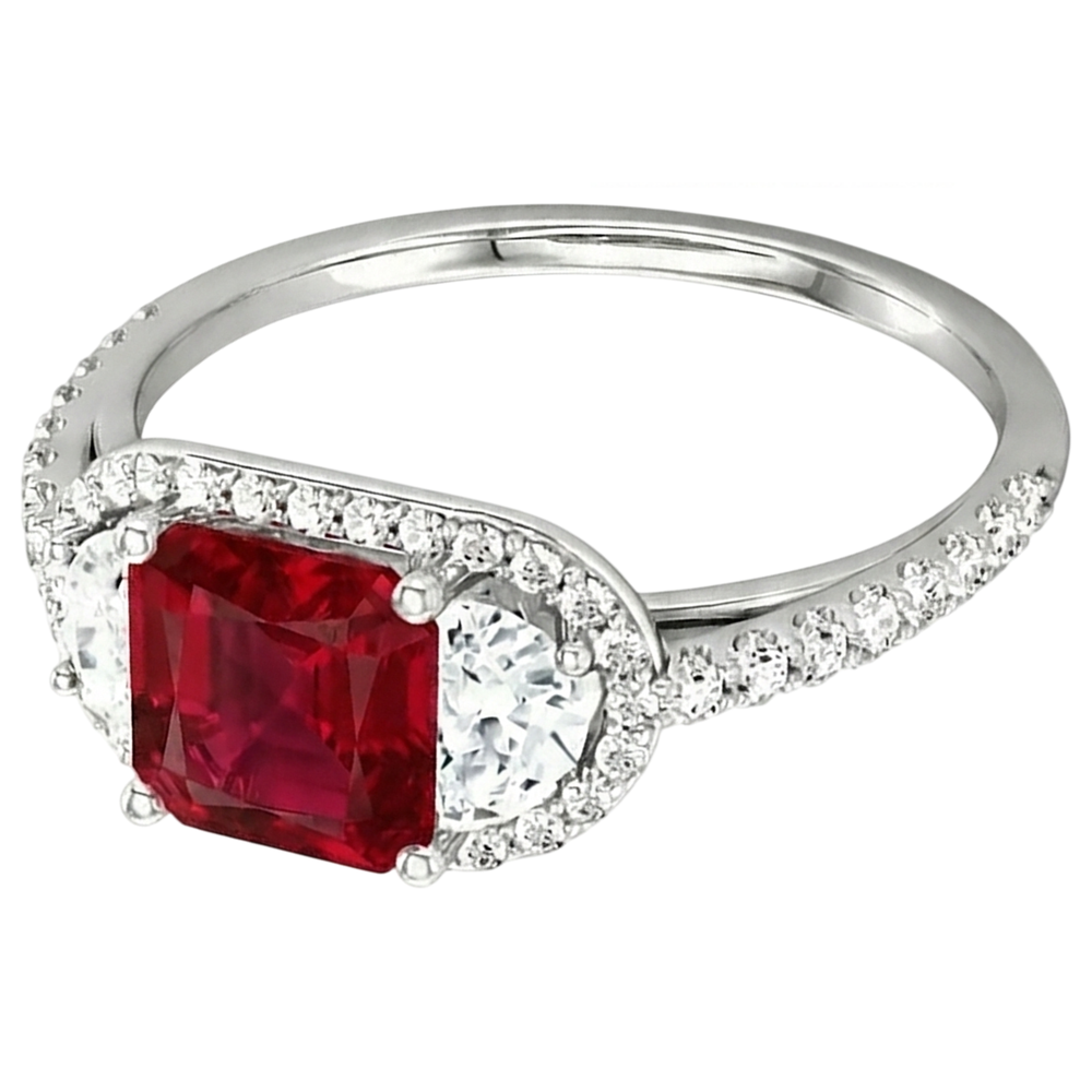 Anello scintillante con tre pietre stile principessa rosso rubino 3 carati WG 14K