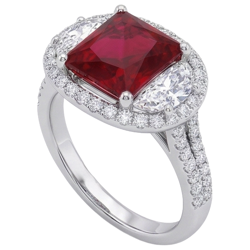 Anello scintillante con tre pietre stile principessa rosso rubino 3 carati WG 14K