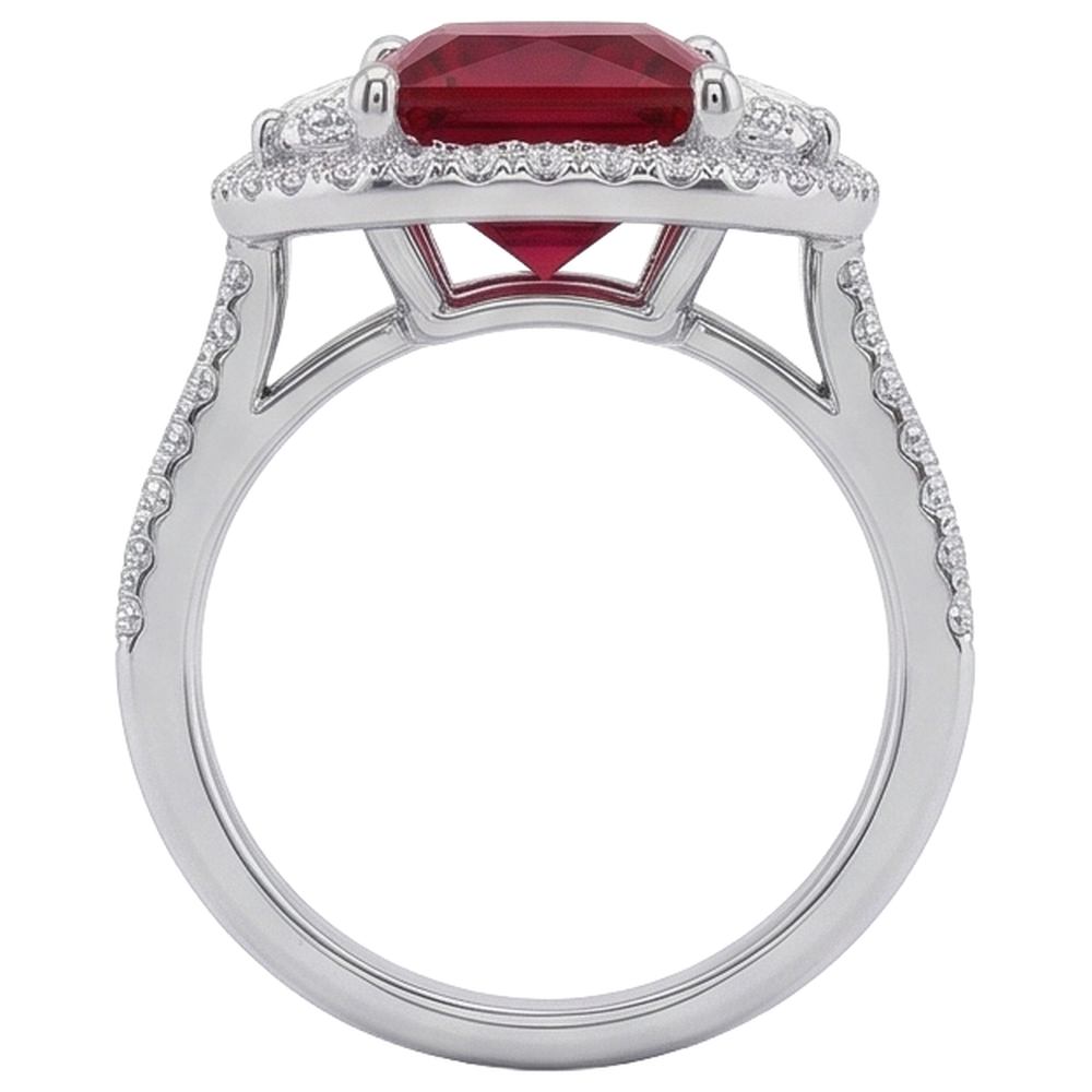 Anello scintillante con tre pietre stile principessa rosso rubino 3 carati WG 14K