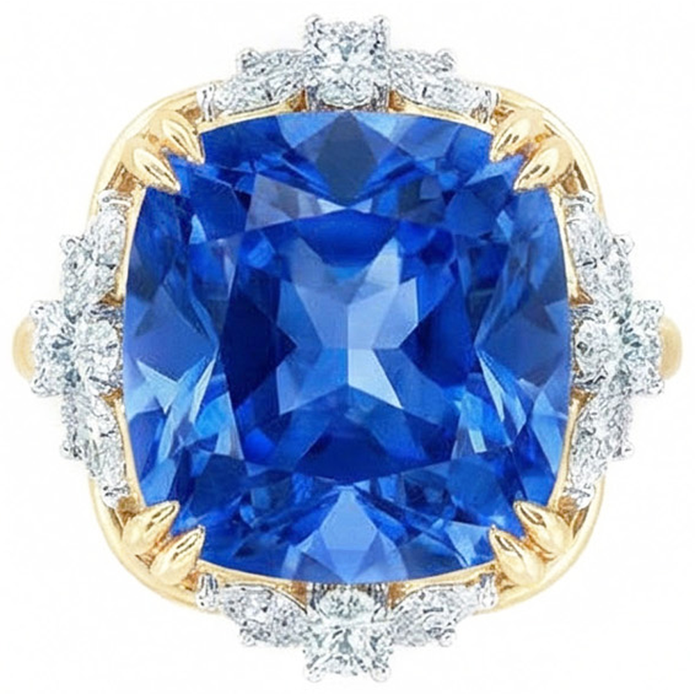 Anello scintillante cuscino con zaffiro di Ceylon e diamanti, oro giallo da 7,81 ct 14K