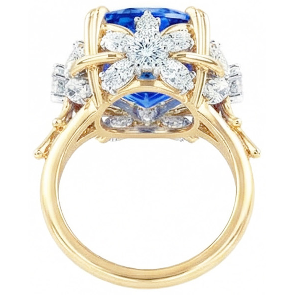 Anello scintillante cuscino con zaffiro di Ceylon e diamanti, oro giallo da 7,81 ct 14K