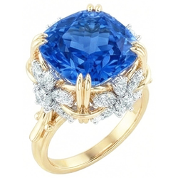 Anello scintillante cuscino con zaffiro di Ceylon e diamanti, oro giallo da 7,81 ct 14K