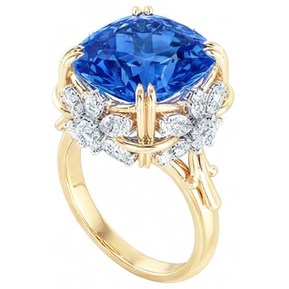 Anello scintillante cuscino con zaffiro di Ceylon e diamanti, oro giallo da 7,81 ct 14K