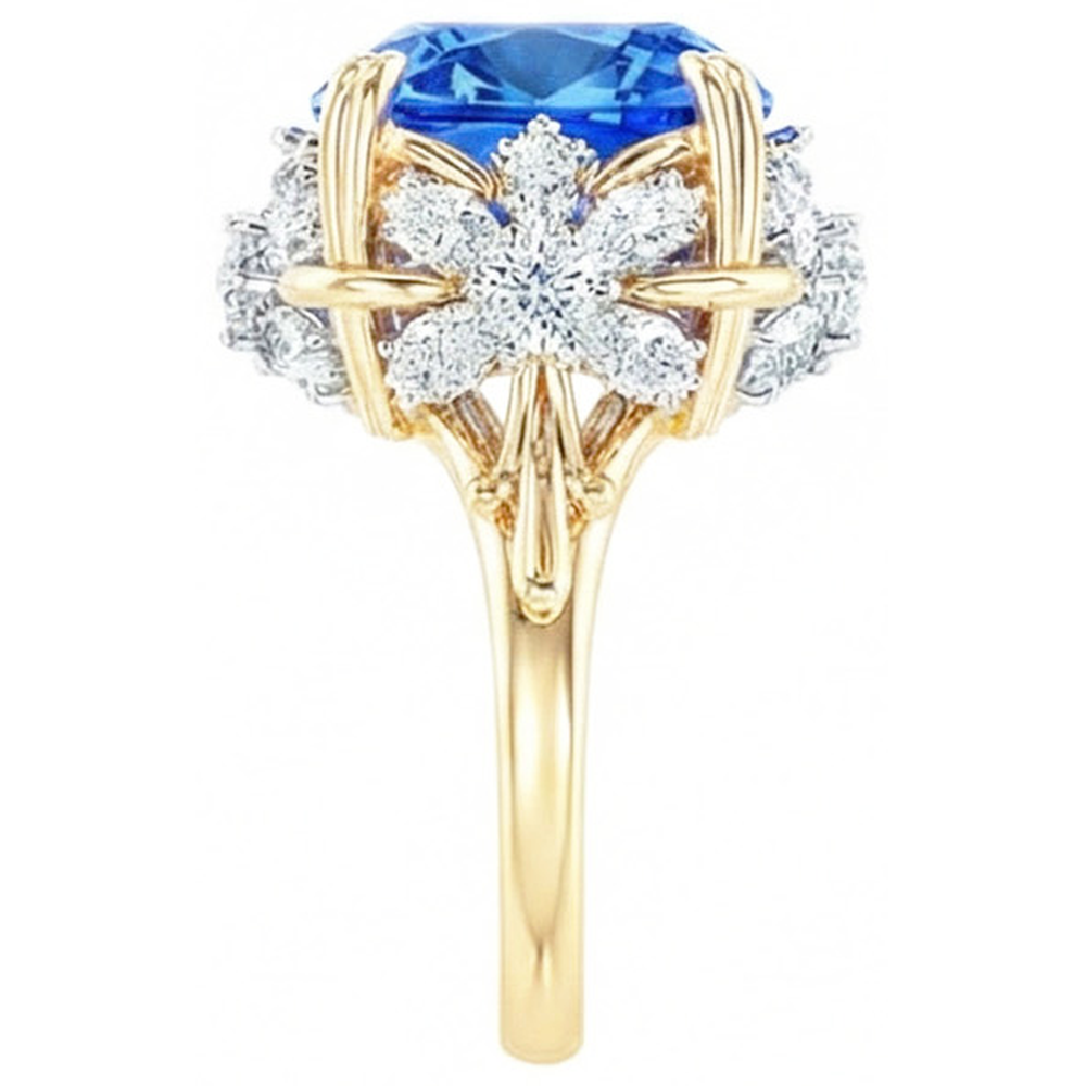 Anello scintillante cuscino con zaffiro di Ceylon e diamanti, oro giallo da 7,81 ct 14K