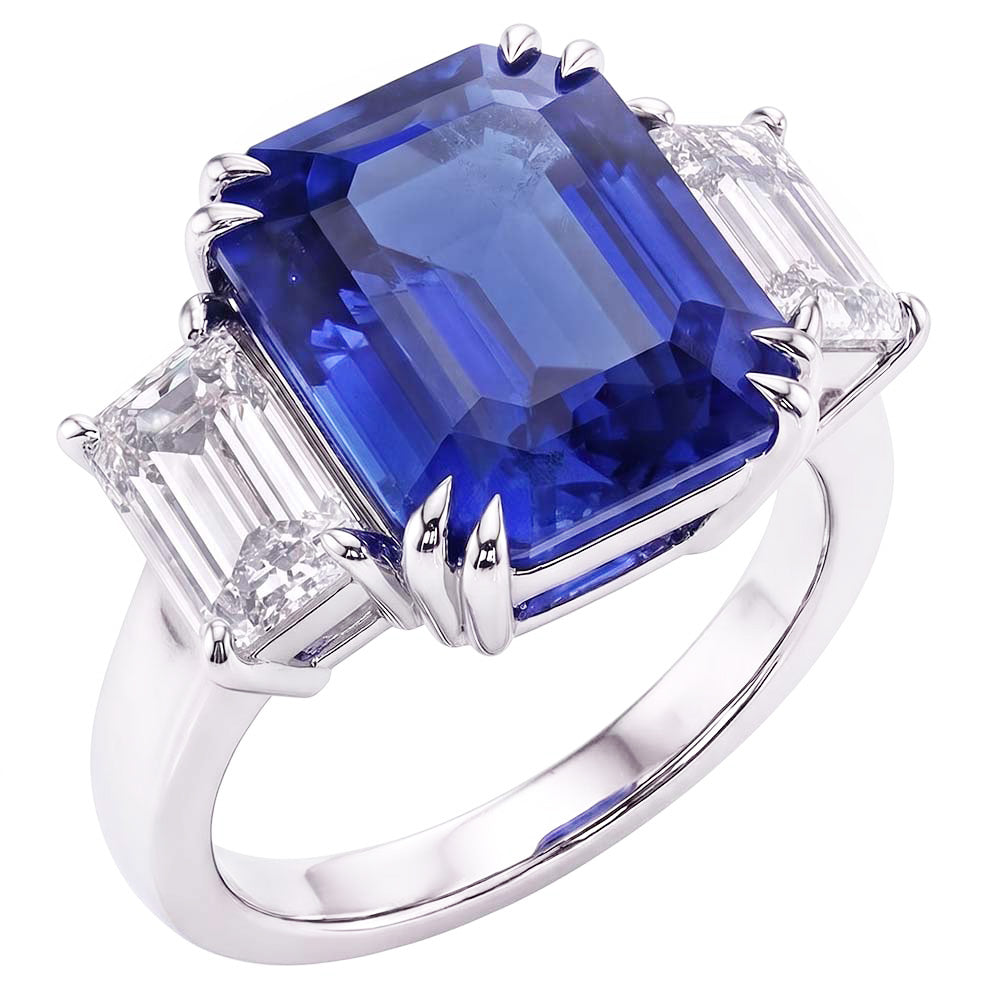 Anello smeraldo con tre pietre blu zaffiro 3,50 carati Gioielli da donna