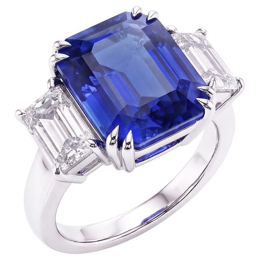 Anello smeraldo con tre pietre blu zaffiro 3,50 carati Gioielli da donna