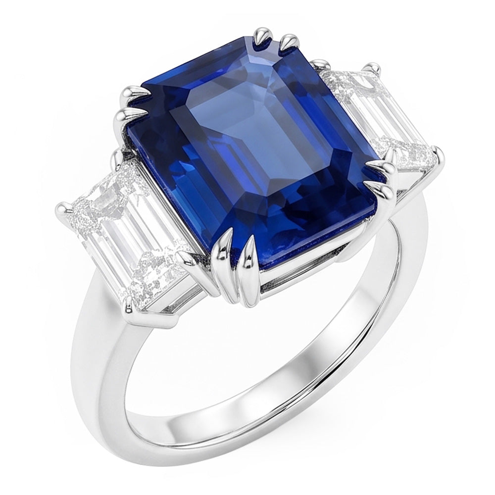 Anello smeraldo con tre pietre blu zaffiro 3,50 carati Gioielli da donna