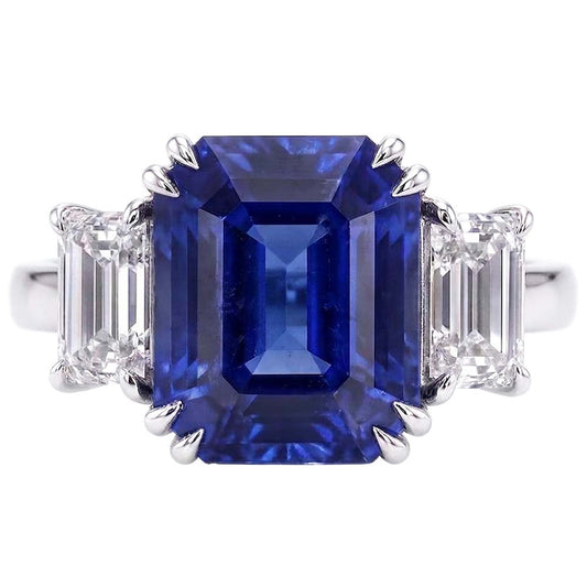 Anello smeraldo con tre pietre blu zaffiro 3,50 carati Gioielli da donna