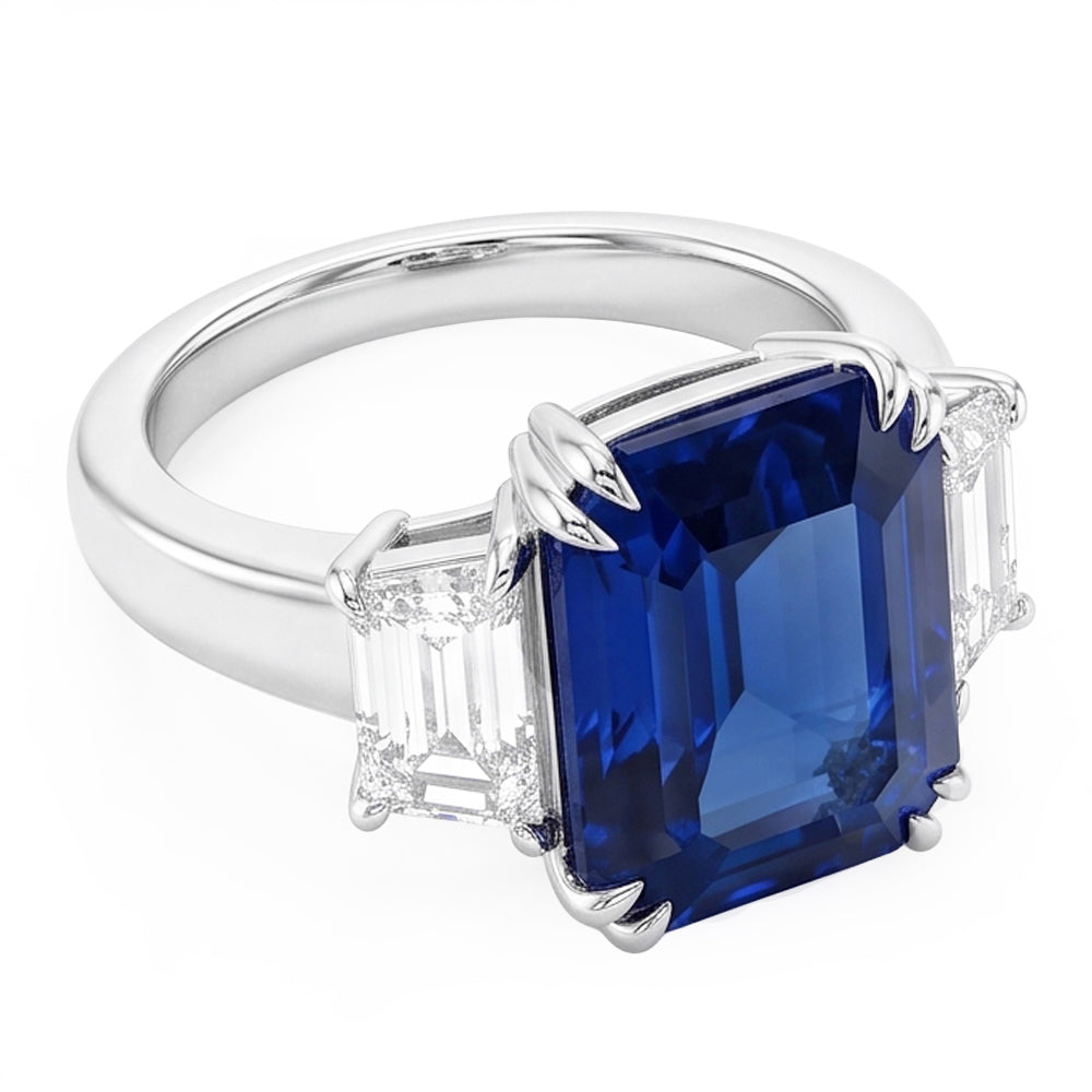 Anello smeraldo con tre pietre blu zaffiro 3,50 carati Gioielli da donna