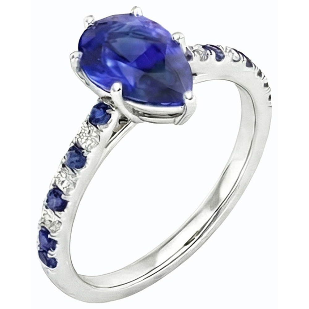Anello solitario 2,50 carati Zaffiro blu taglio pera e accenti di diamanti in oro bianco 14K