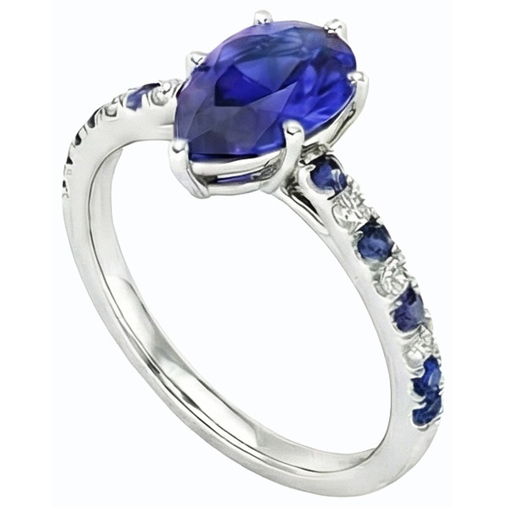 Anello solitario 2,50 carati Zaffiro blu taglio pera e accenti di diamanti in oro bianco 14K