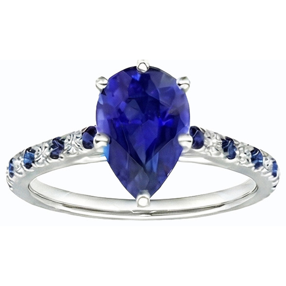 Anello solitario 2,50 carati Zaffiro blu taglio pera e accenti di diamanti in oro bianco 14K
