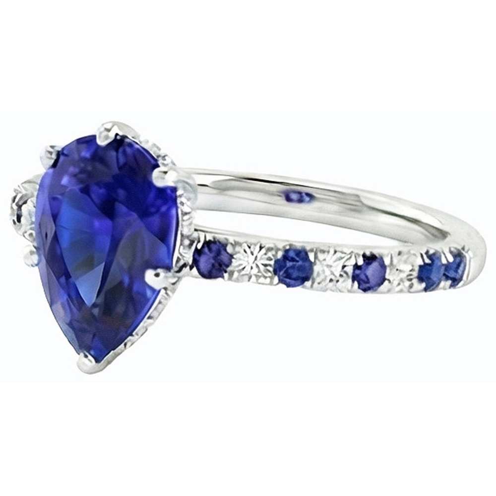 Anello solitario 2,50 carati Zaffiro blu taglio pera e accenti di diamanti in oro bianco 14K