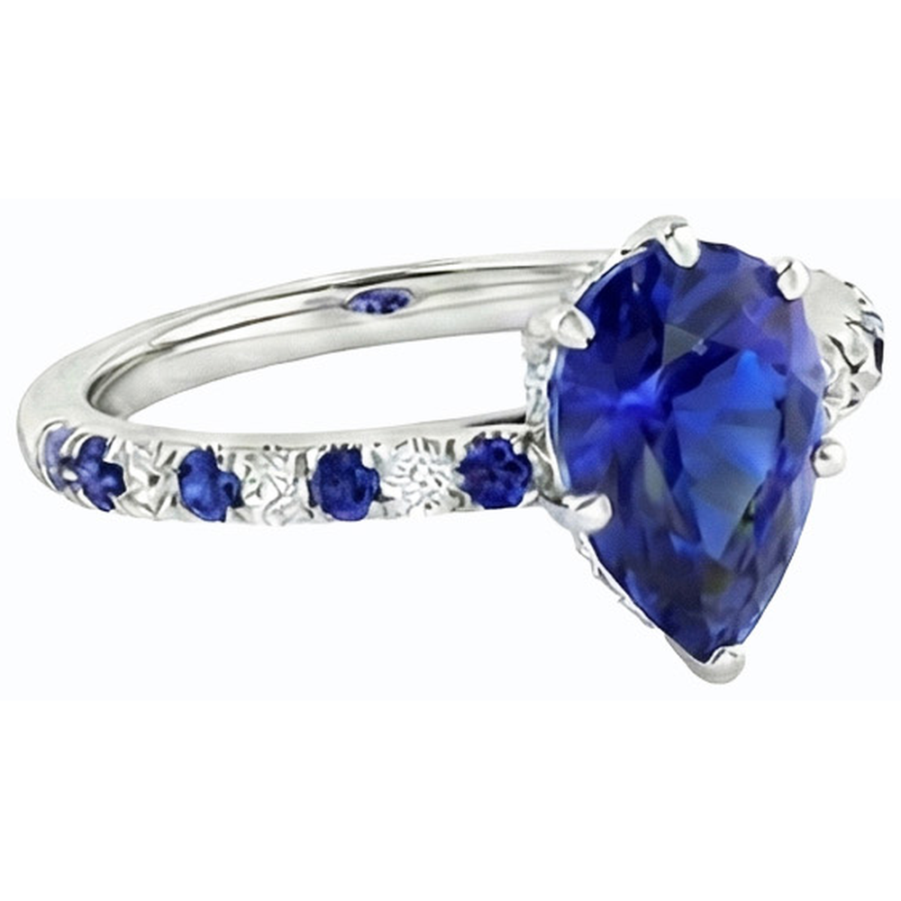 Anello solitario 2,50 carati Zaffiro blu taglio pera e accenti di diamanti in oro bianco 14K