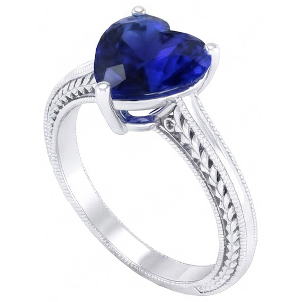 Anello solitario 3 carati con zaffiro blu di Ceylon stile antico in oro bianco