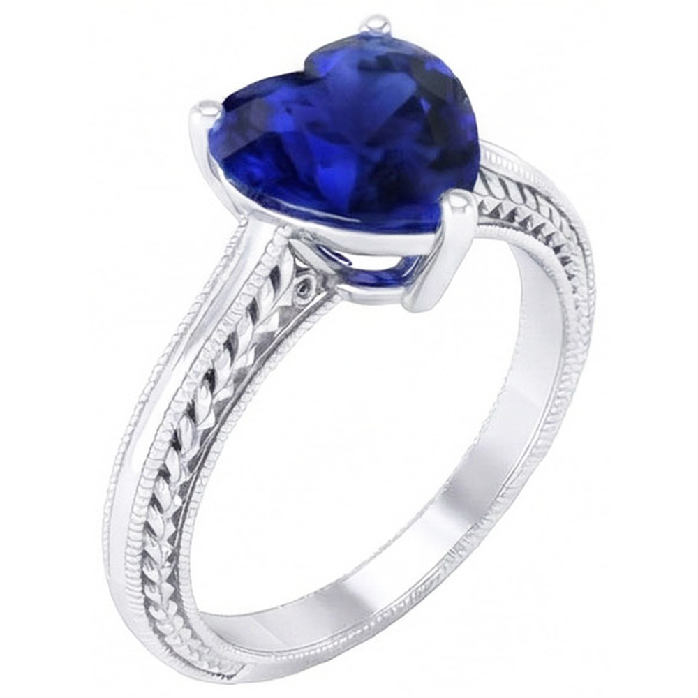 Anello solitario 3 carati con zaffiro blu di Ceylon stile antico in oro bianco
