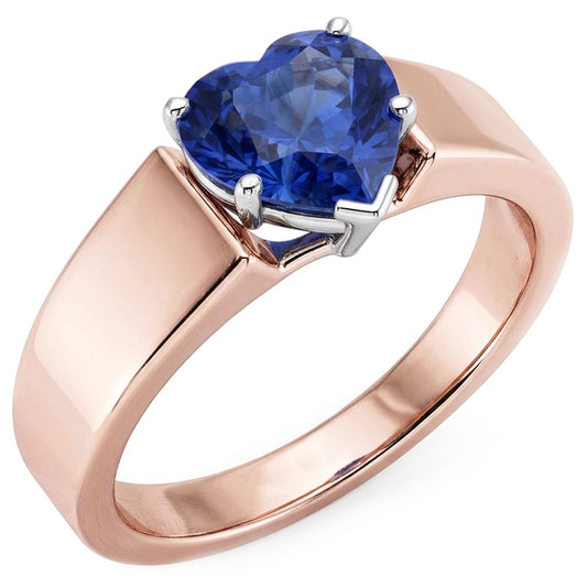 Anello solitario a cuore con zaffiro 1.50 carati con gambo spesso in oro bicolore