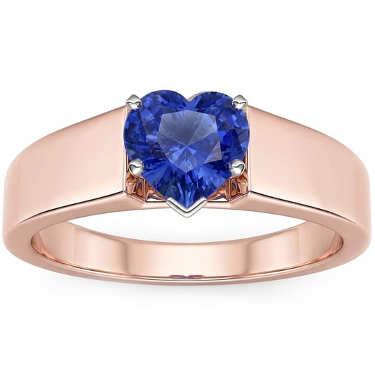 Anello solitario a cuore con zaffiro 1.50 carati con gambo spesso in oro bicolore