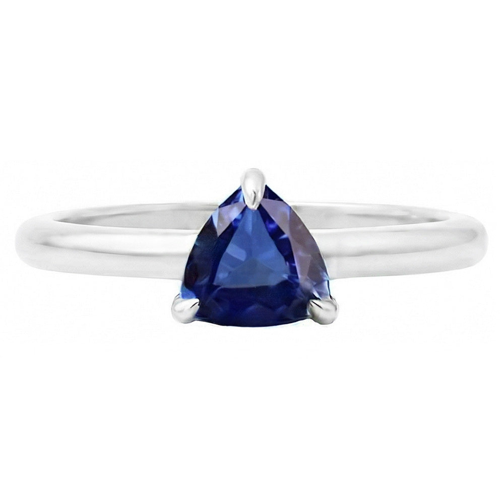 Anello solitario a forma di trilione con zaffiro di Ceylon 1 carato e gioielli in oro bianco 14K