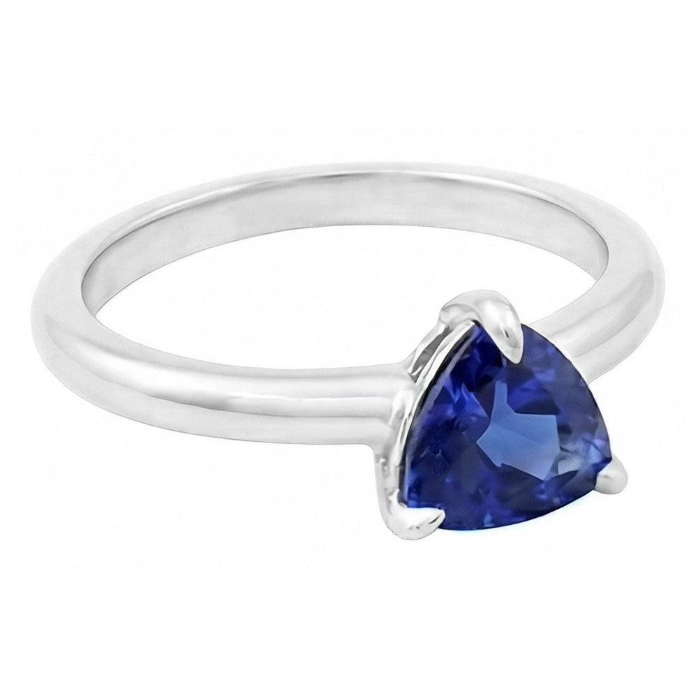 Anello solitario a forma di trilione con zaffiro di Ceylon 1 carato e gioielli in oro bianco 14K