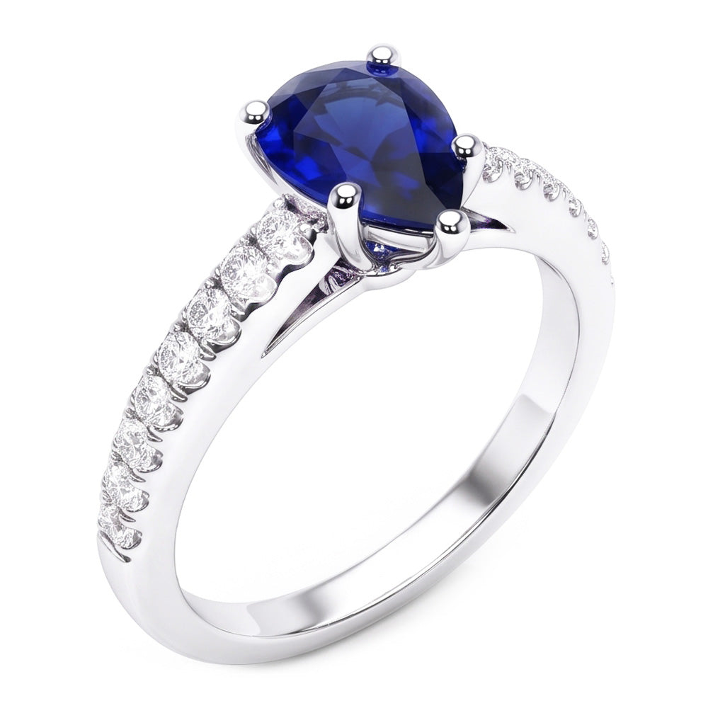 Anello solitario a goccia con accenti di zaffiro blu da 2,50 carati in oro bianco 14K