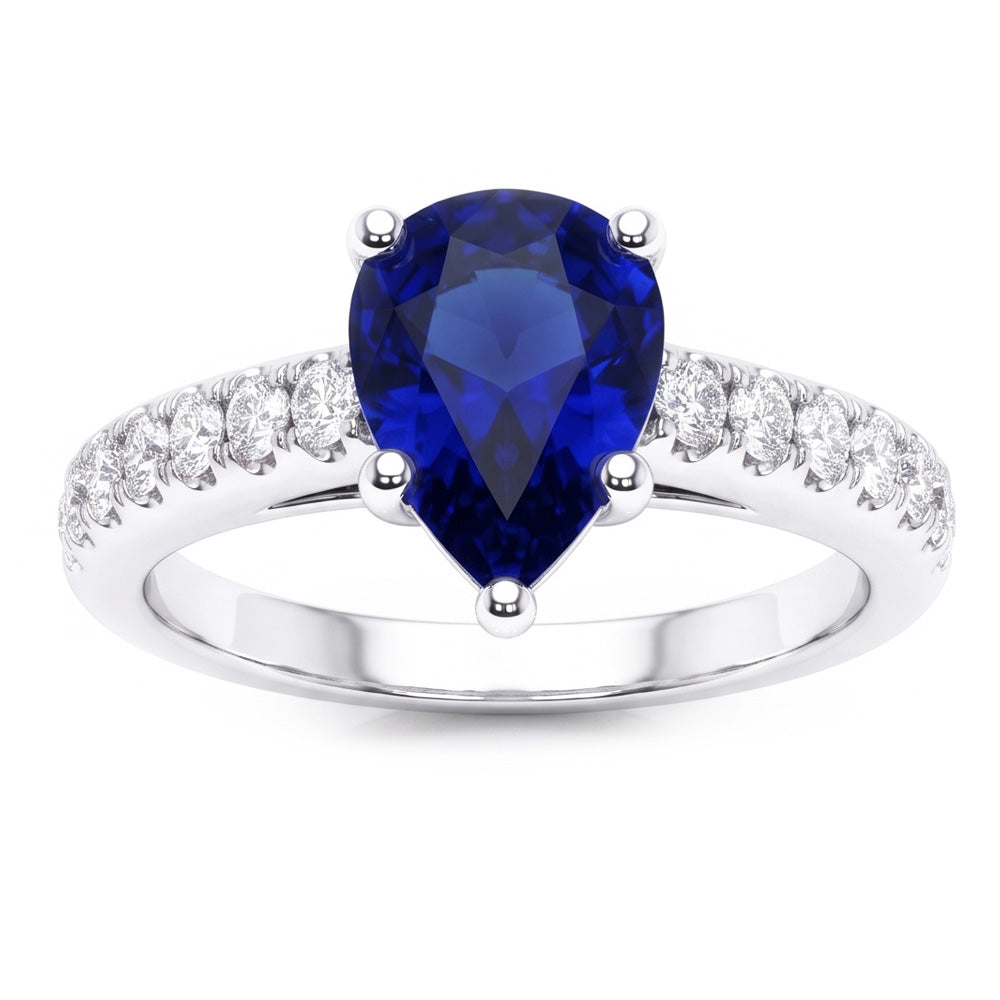 Anello solitario a goccia con accenti di zaffiro blu da 2,50 carati in oro bianco 14K