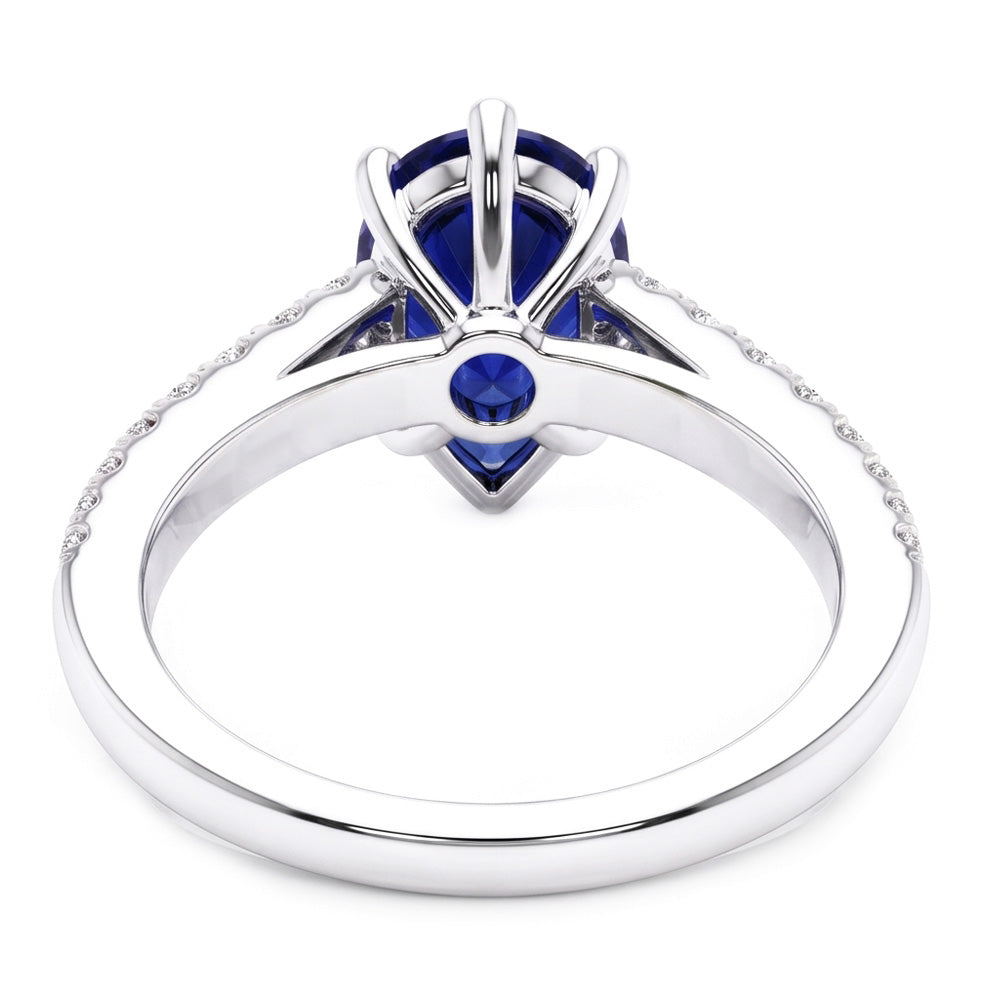 Anello solitario a goccia con accenti di zaffiro blu da 2,50 carati in oro bianco 14K