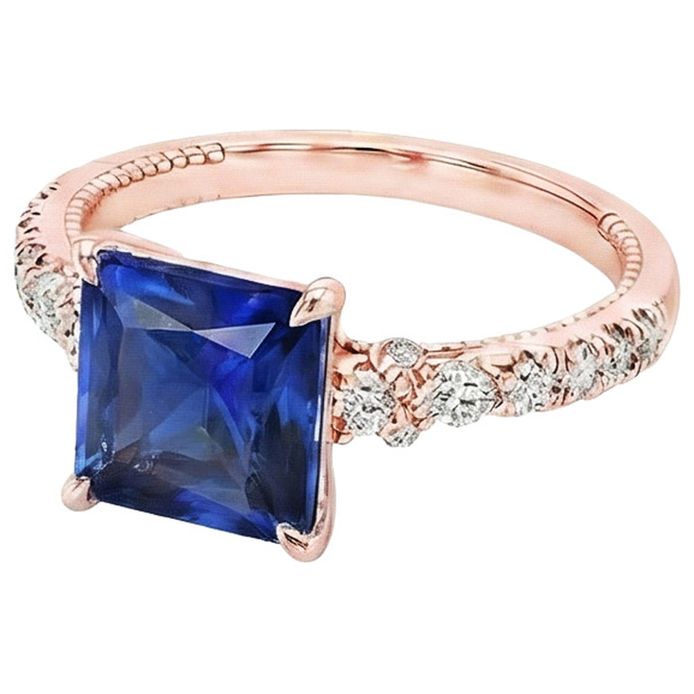 Anello solitario accenti oro rosa zaffiro blu e diamante 5.5 carati