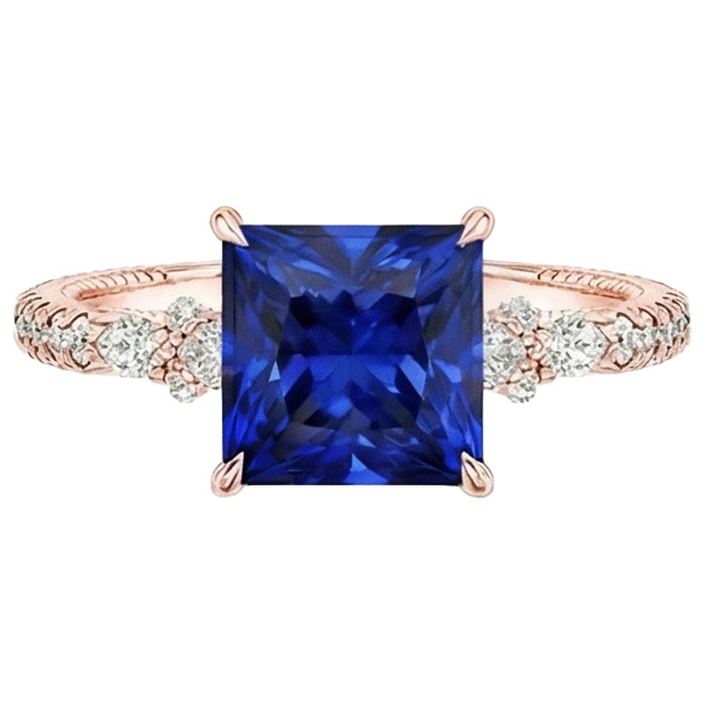 Anello solitario accenti oro rosa zaffiro blu e diamante 5.5 carati