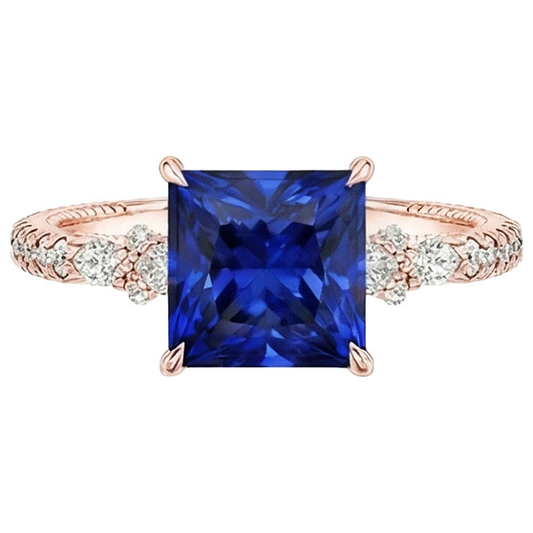 Anello solitario accenti oro rosa zaffiro blu e diamante 5.5 carati