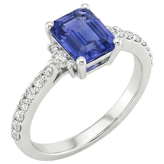 Anello solitario accenti zaffiro blu e diamante 4 carati taglio smeraldo