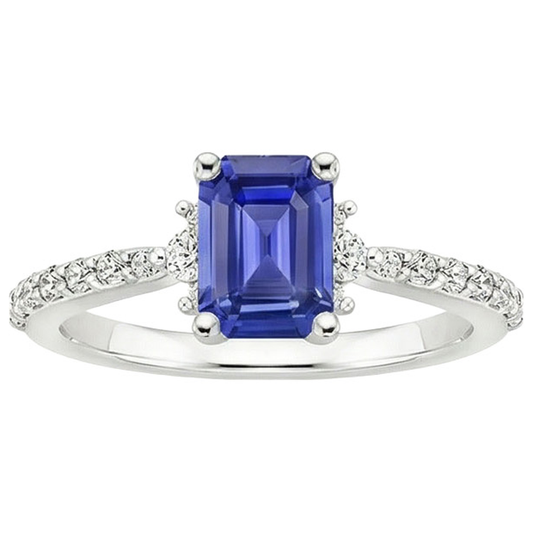 Anello solitario accenti zaffiro blu e diamante 4 carati taglio smeraldo