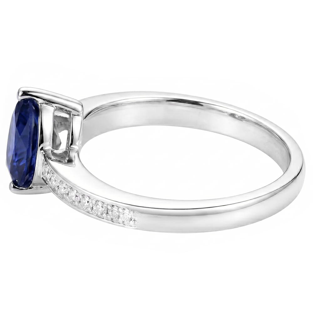 Anello solitario anniversario con zaffiro blu con diamanti da 1,50 carati e oro bianco 14K