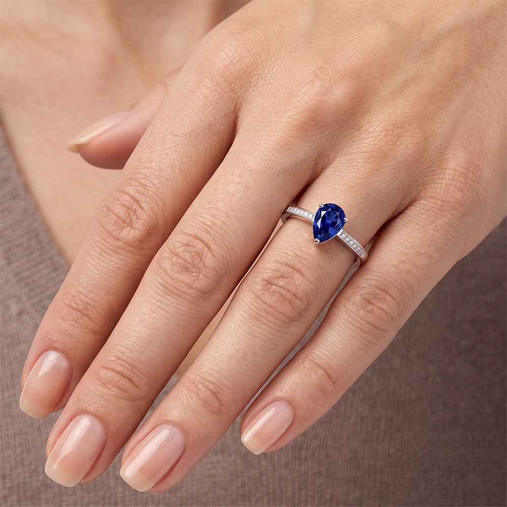 Anello solitario anniversario con zaffiro blu con diamanti da 1,50 carati e oro bianco 14K
